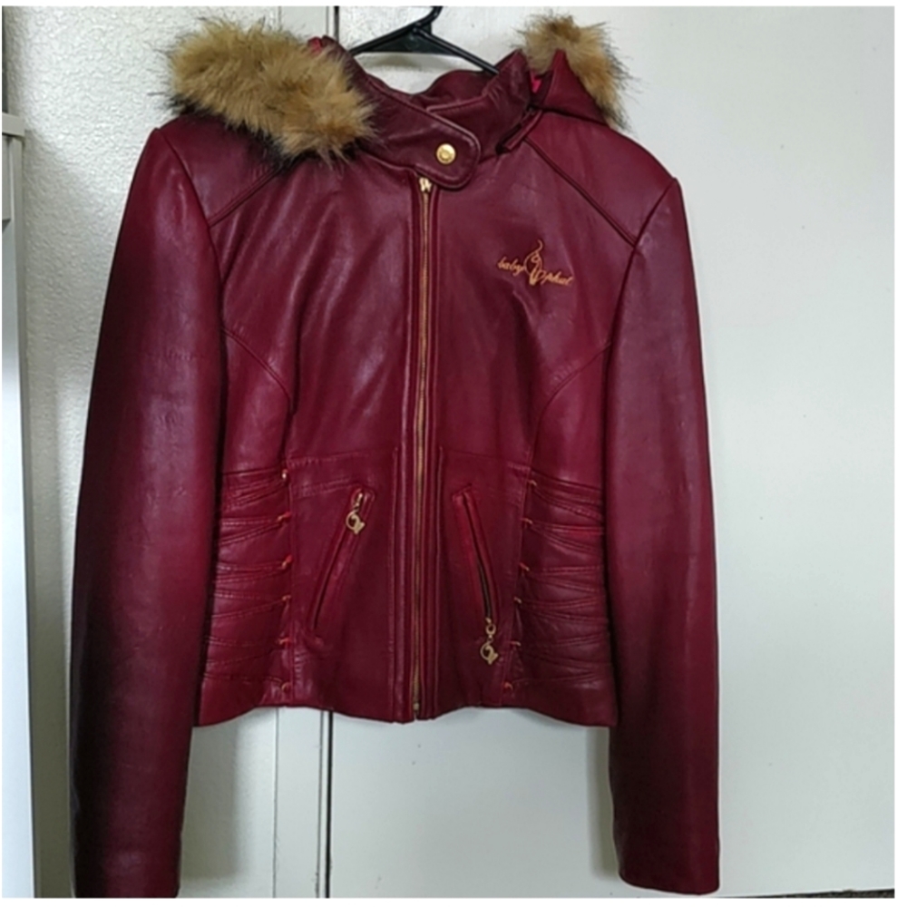 Babyphat wine red leather with faux fur on hoodie
